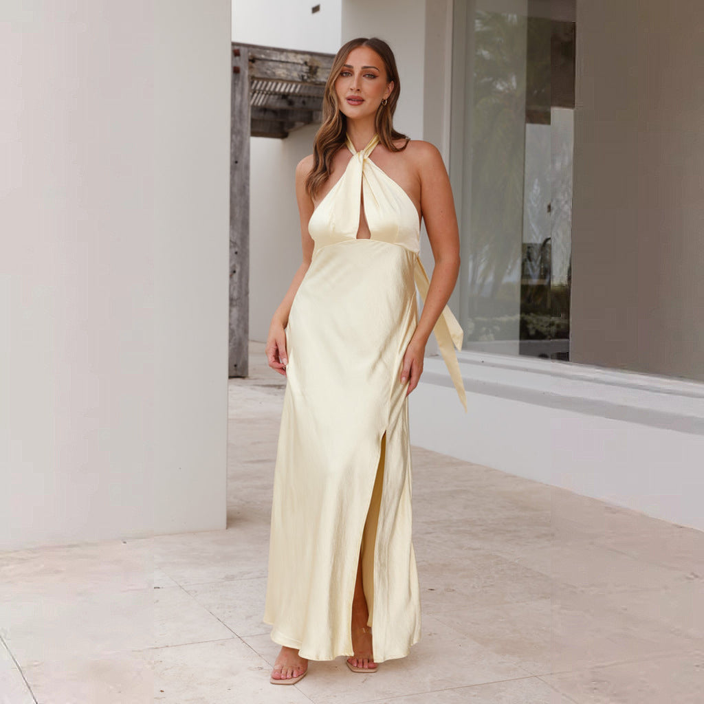 Damen Elegantes Wickelmaxikleid im Halterneck-Stil mit seitlichem Schlitz und Taillengürtel - Vittorelli