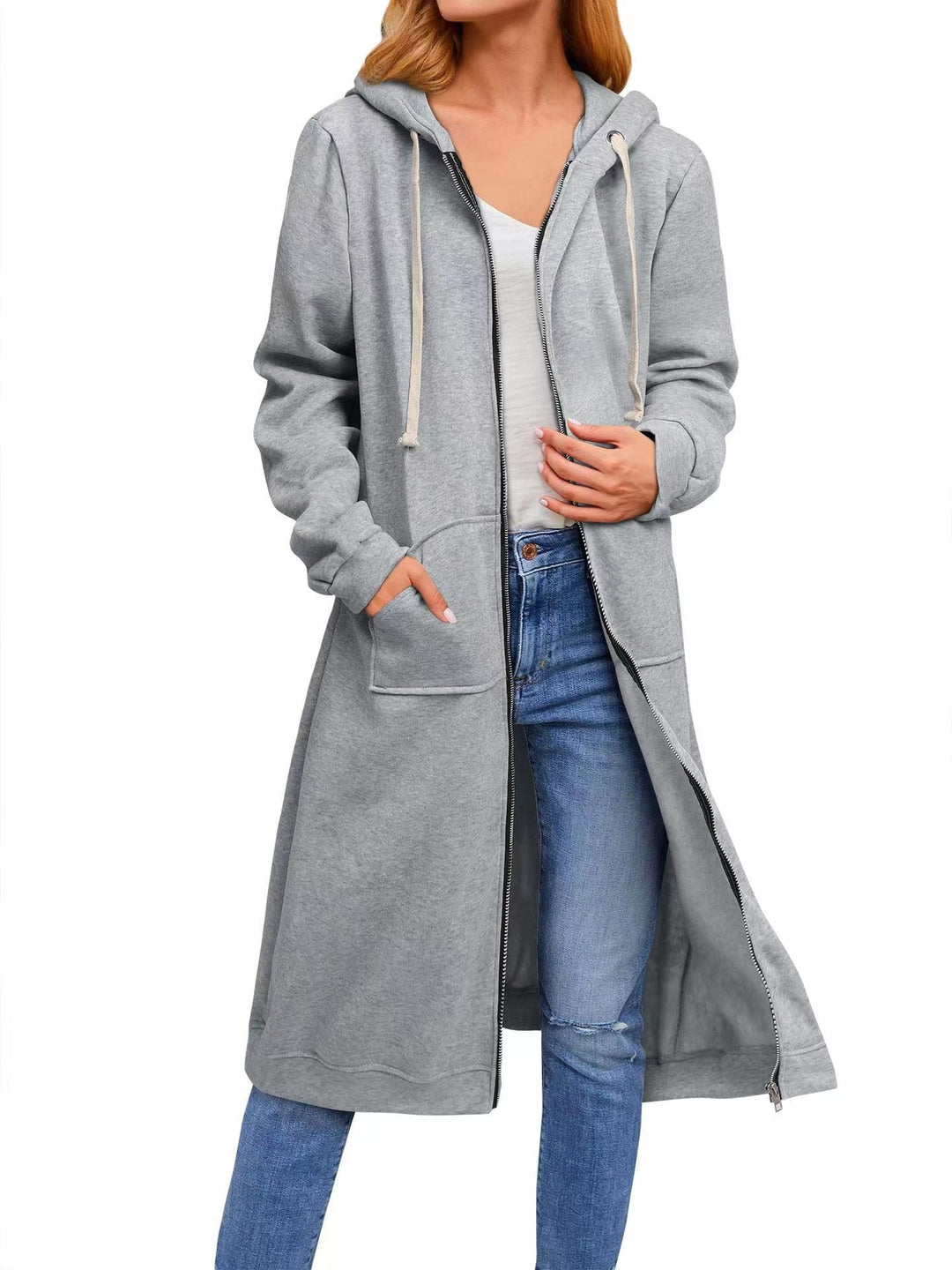 Damen lange Kapuzenjacke mit Reißverschluss und praktischen Taschen
