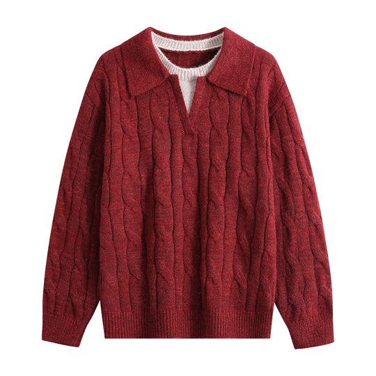 Damen Oversize Grobstrick-Pullover mit Polokragen und Zopfmuster Nord Taschen