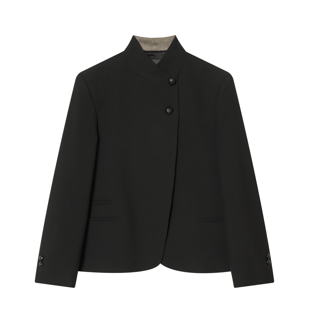 Damen Asymmetrischer Kurzblazer mit Stehkragen und dekorativen Knöpfen Nord Taschen
