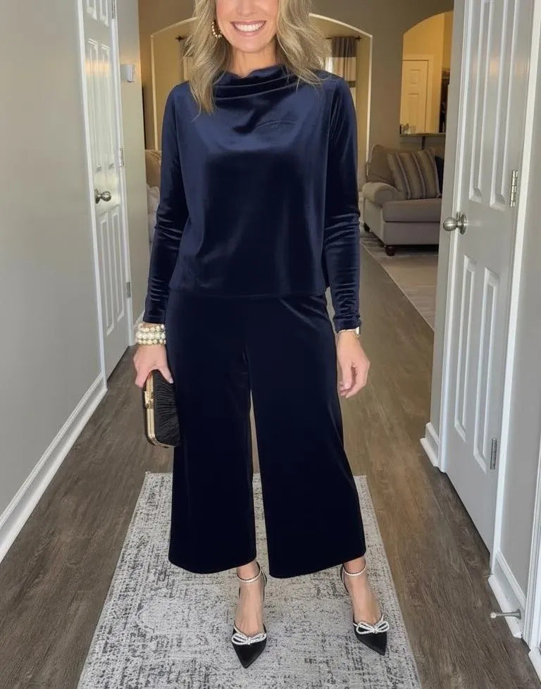 Damen Elegantes Samt-Zweiteiler mit Wasserfallkragen und weiter Culotte-Hose Nord Taschen