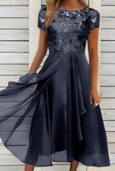 Damen nan fließendes Chiffon-Midikleid mit blumenbesticktem Oberteil und asymmetrischem Stufenrock - Vittorelli