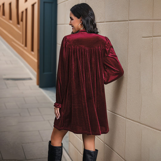 Damen Elegantes Samtkleid mit V-Ausschnitt und langen Ärmeln Nord Taschen