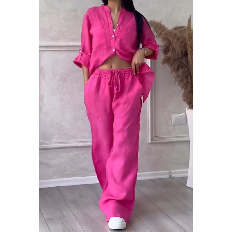 Damen Weite Leinenmix-Hose mit hohem Elastikbund, Kordelzug und Palazzo-Silhouette Nord Taschen