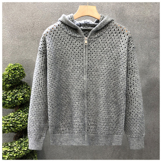 Unisex Leichte Lochstrick-Kapuzenzipjacke mit Ajourmuster Nord Taschen