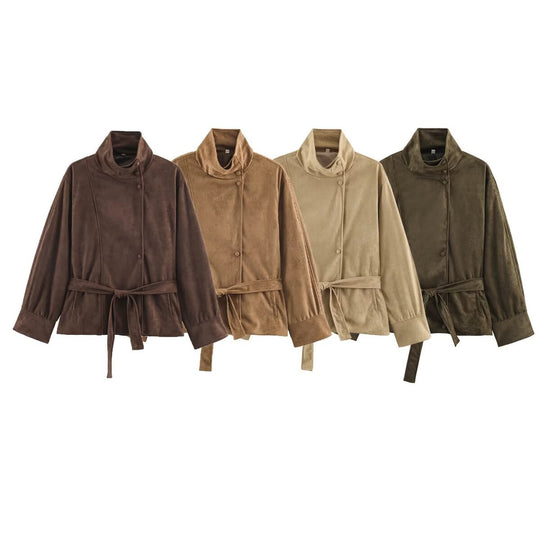 Damen Boxy-Wickeljacke in Veloursoptik mit hohem Stehkragen und Bindegürtel Nord Taschen