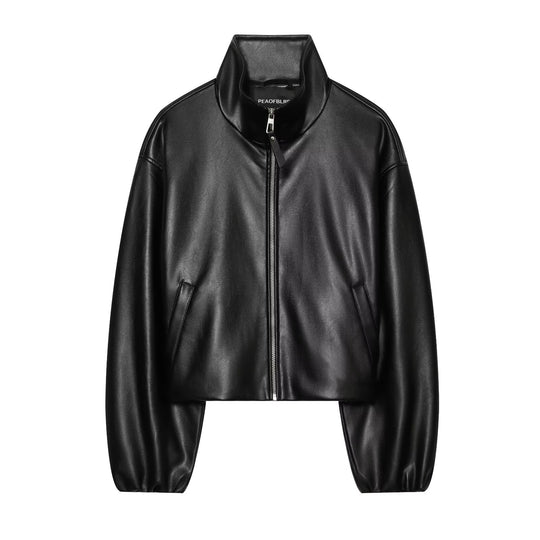 Damen Gekürzte Kunstlederjacke mit Stehkragen und Reißverschluss Nord Taschen