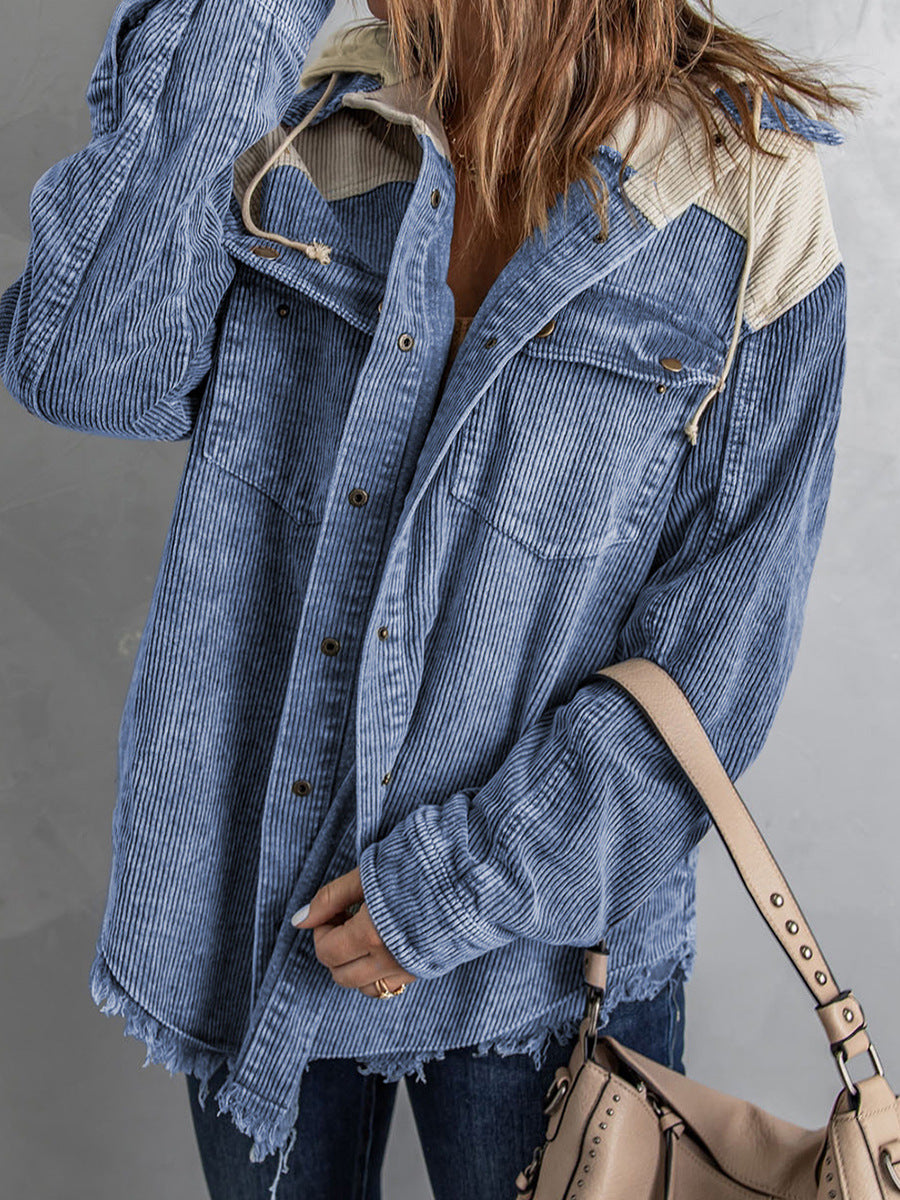 Nord Taschen | Jacke mit Kapuze Oversized Fit Cord-Textur Knopfverschluss Fransenrand