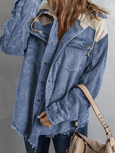 Nord Taschen | Jacke mit Kapuze Oversized Fit Cord-Textur Knopfverschluss Fransenrand