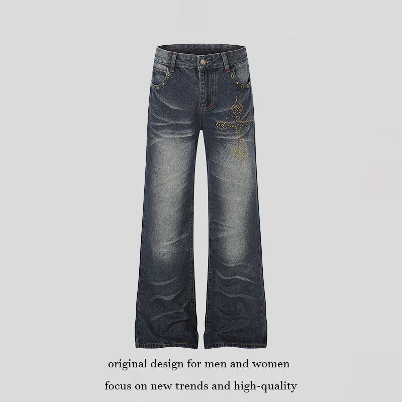 Damen Weite High‑Waist Palazzo-Jeans mit Zierstein‑Kreuzapplikation Nord Taschen