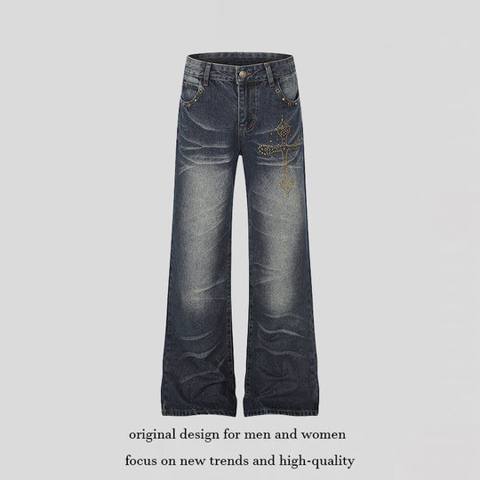 Damen Weite High‑Waist Palazzo-Jeans mit Zierstein‑Kreuzapplikation Nord Taschen