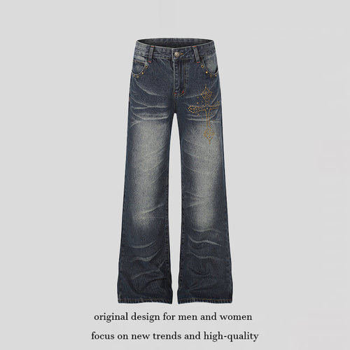 Damen Weite High‑Waist Palazzo-Jeans mit Zierstein‑Kreuzapplikation Nord Taschen