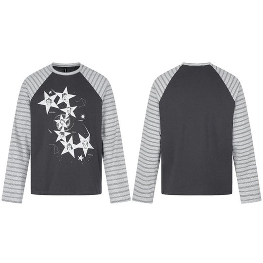 Damen Baumwoll-Langarmshirt im Raglanstil mit Sternporträt-Collage und Streifenärmeln Nord Taschen