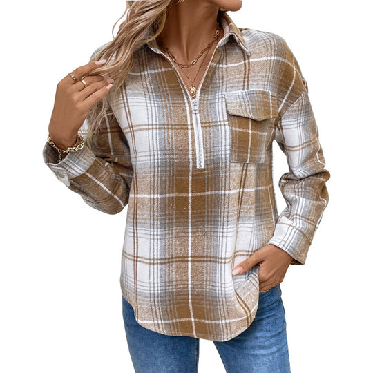 Damen Karo Hemdenpullover mit Reißverschluss Nord Taschen