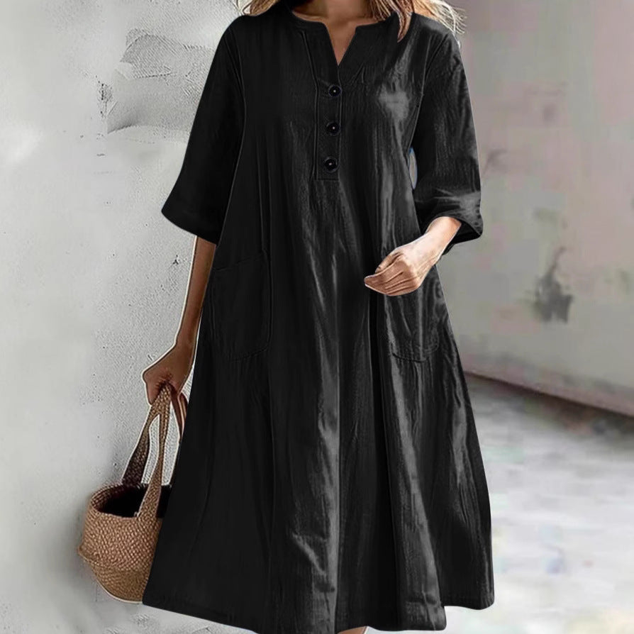 Damen lässiges Leinenkleid mit praktischen Taschen und Knopfdetails