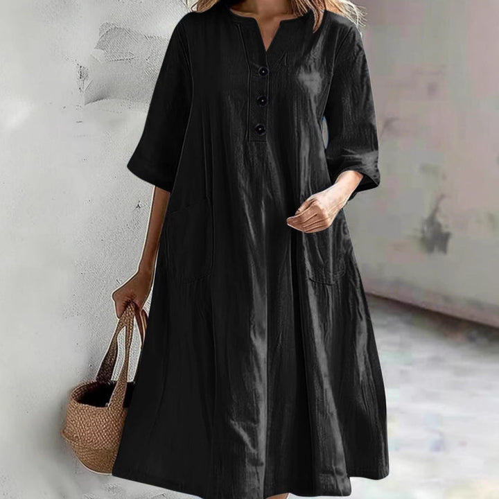 Damen lässiges Leinenkleid mit praktischen Taschen und Knopfdetails