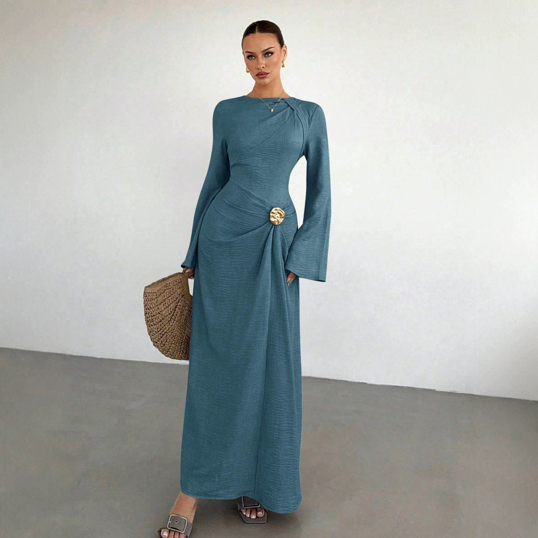 Damen Maxikleid mit Drapierung, Zierbrosche und weiten Trompetenärmeln Nord Taschen