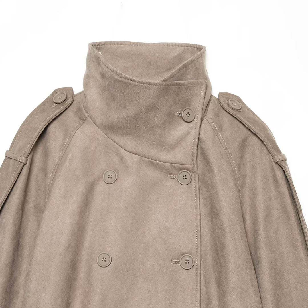 Damen Cropped Cape‑Trenchjacke in Veloursoptik mit hohem Stehkragen, Epauletten und doppelreihiger Knopfleiste Nord Taschen