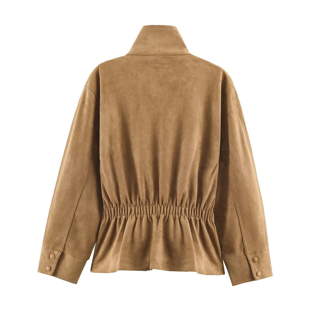 Damen Kurzjacke aus Velourslederoptik mit Stehkragen und Bindegürtel Nord Taschen