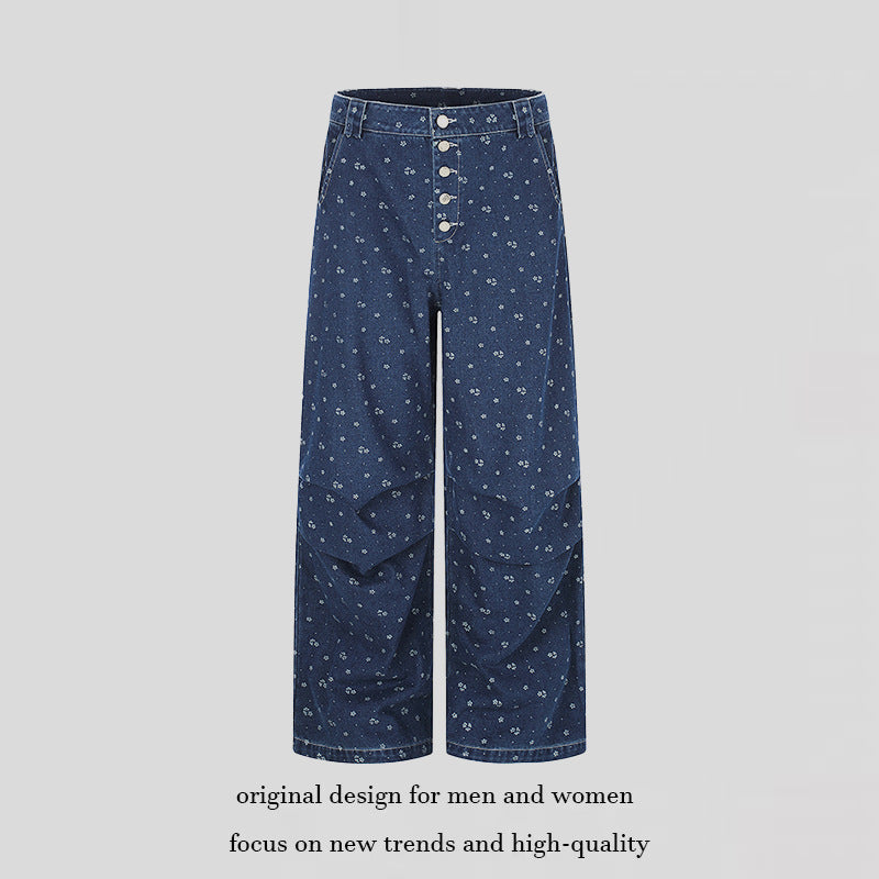 Damen High‑Waist Culotte-Jeans im Palazzoschnitt mit sichtbarer Knopfleiste und feinem Blumenprint Nord Taschen
