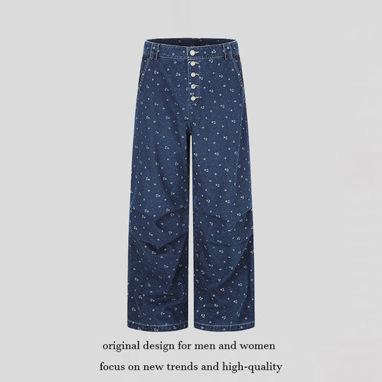 Damen High‑Waist Culotte-Jeans im Palazzoschnitt mit sichtbarer Knopfleiste und feinem Blumenprint Nord Taschen