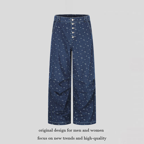 Damen High‑Waist Culotte-Jeans im Palazzoschnitt mit sichtbarer Knopfleiste und feinem Blumenprint Nord Taschen