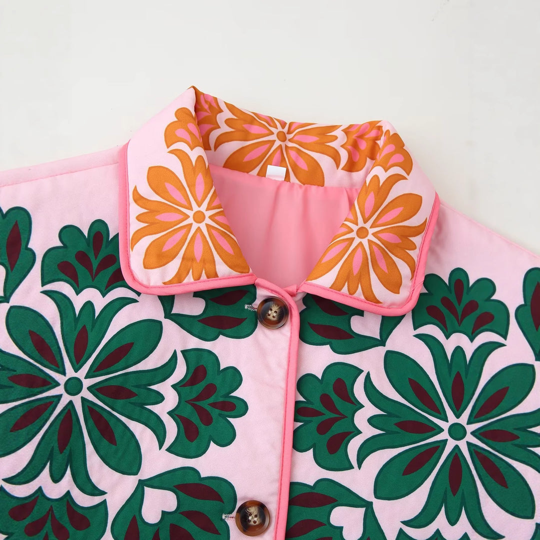 Damen 10+ gequiltete Steppjacke mit folklorischem Blumenprint und aufgesetzten Taschen Nord Taschen