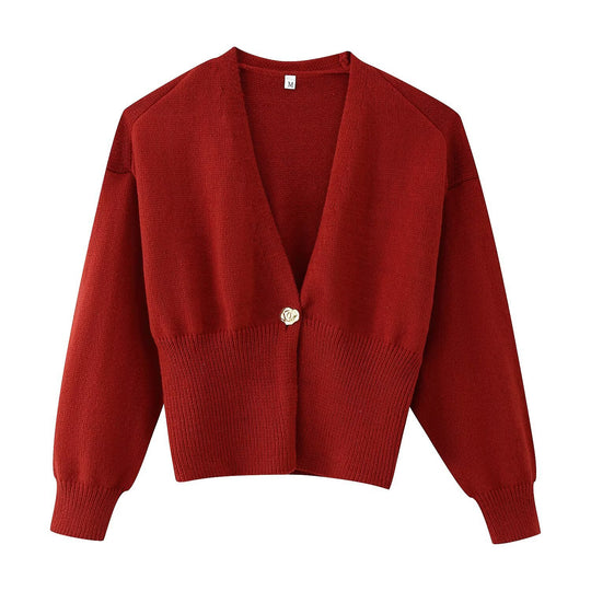 Damen Kurze V‑Ausschnitt Strickjacke mit Ballonärmeln und Zierknopf Nord Taschen