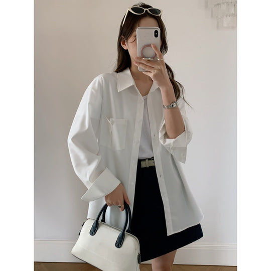 Damen Oversized Hemdbluse aus fließendem Material mit Brusttasche Nord Taschen