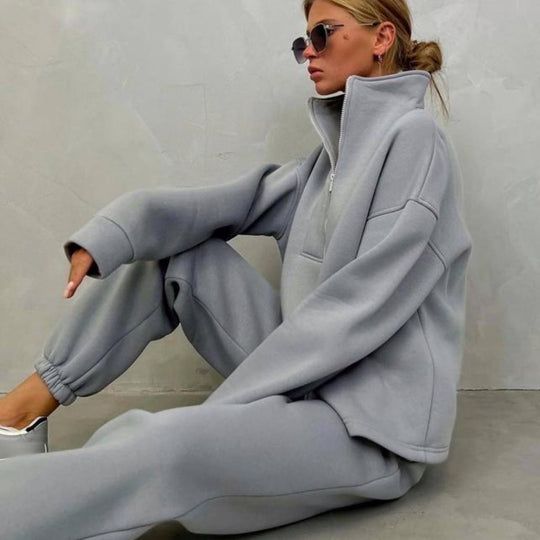 Damen lässiges Fleece-Set mit halbem Reißverschluss und weitem Schnitt