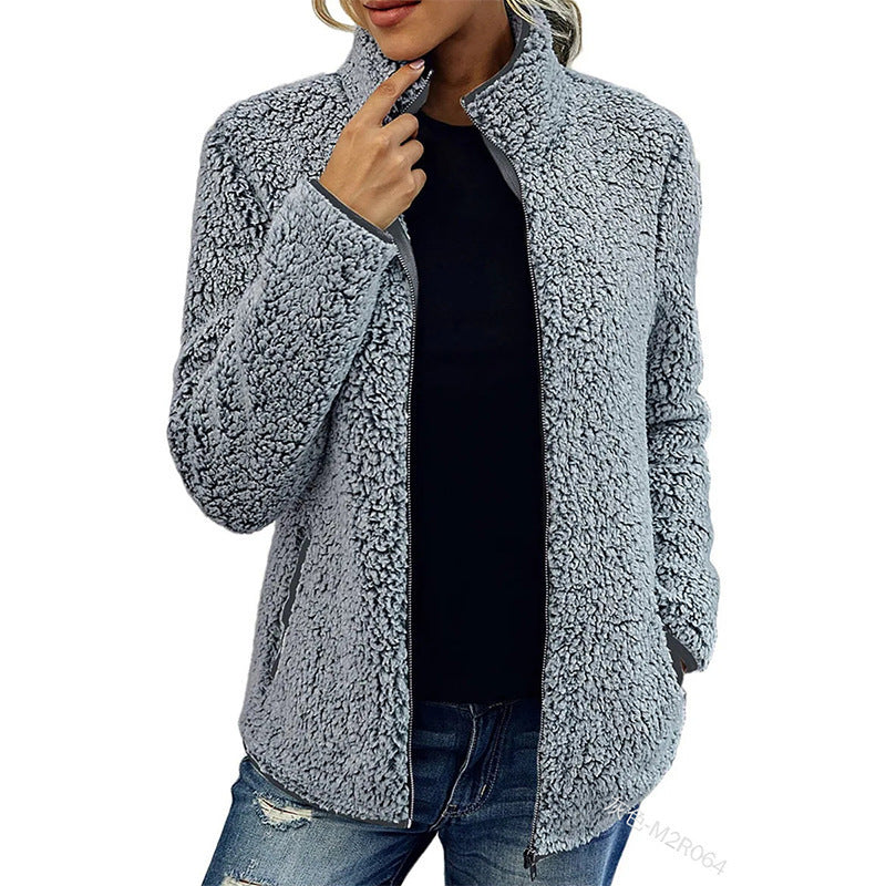 Damen kuschelige Teddy-Fleecejacke mit Stehkragen und Reißverschluss Nord Taschen
