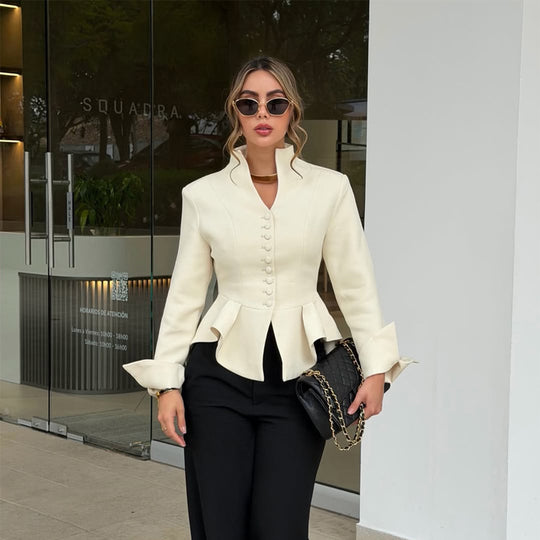 Damen Taillierter Blazer mit Schößchen, Stehkragen & Zierknopf-Leiste Nord Taschen