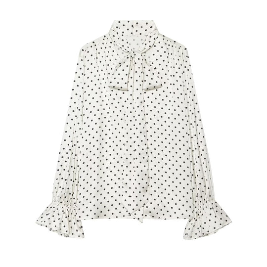 Damen Bluse mit Schleifenkragen, Tupfenmuster und Volantärmeln Nord Taschen