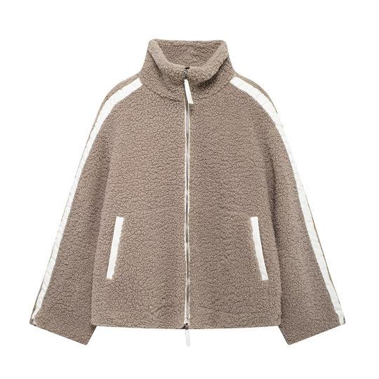 Damen Weit geschnittene Teddy-Fleecejacke mit hohem Stehkragen Nord Taschen