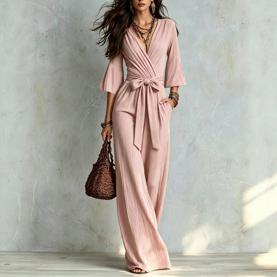 Damen Jumpsuit Wickel-Optik mit weitem Bein, Taillengürtel und Glockenärmeln Nord Taschen