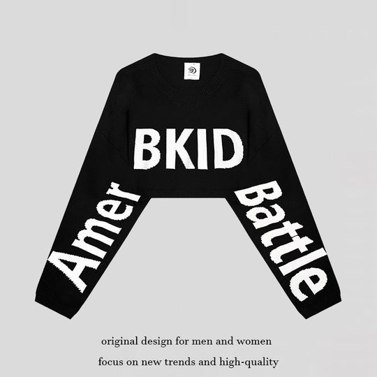 Damen Cropped Strickpullover mit weiten Raglanärmeln und Statement-Schriftzug Nord Taschen