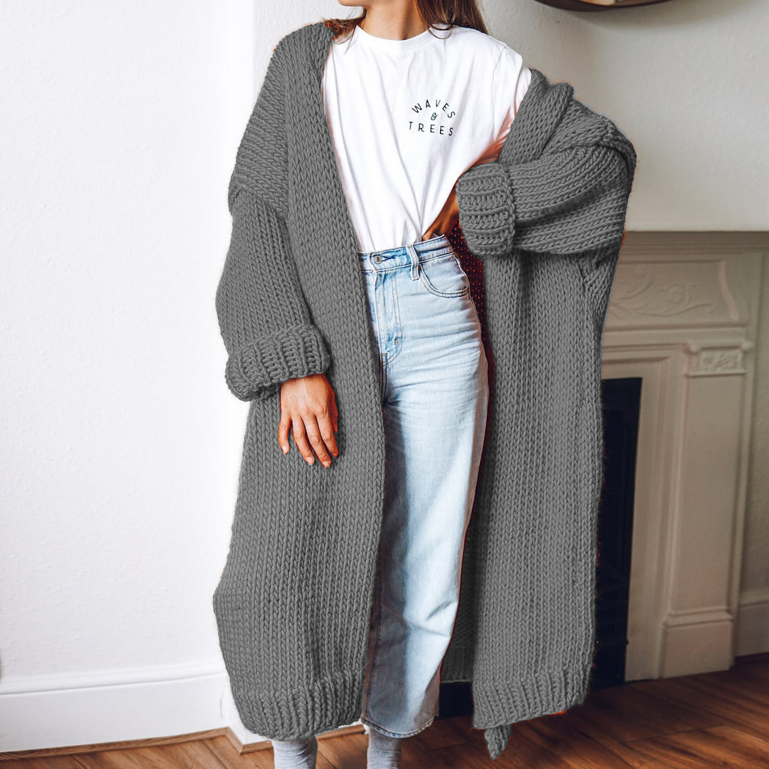 Damen Oversize Maxi Grobstrick-Cardigan mit offener Front und voluminösen Ärmeln Nord Taschen