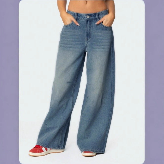 Damen Extraweite High-Waist Denim-Palazzohose mit langem Schlag Nord Taschen
