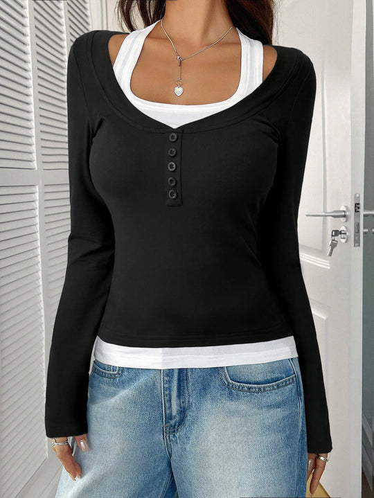 Damen Figurnahes langärmliges Henley-Shirt mit tiefem U-Ausschnitt und Knopfblende Nord Taschen