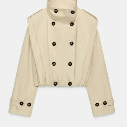 Damen Cropped Trenchjacke mit doppelreihiger Knopfleiste, hohem Stehkragen und taillierendem Elastbund Nord Taschen