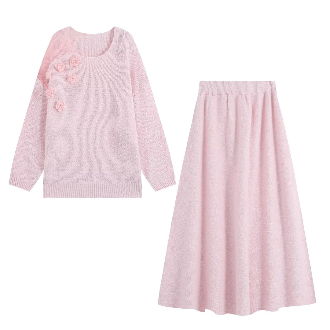 Damen Strickset aus Kuschelpullover mit 3D-Blütenapplikation und A-Linien-Rock Nord Taschen
