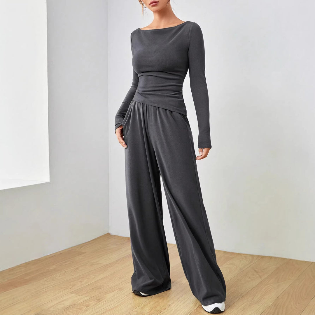 Damen Loungewear-Set aus weichfallendem Jersey mit U-Boot-Ausschnitt, tailliertem Longsleeve und weiter Palazzo-Hose Nord Taschen