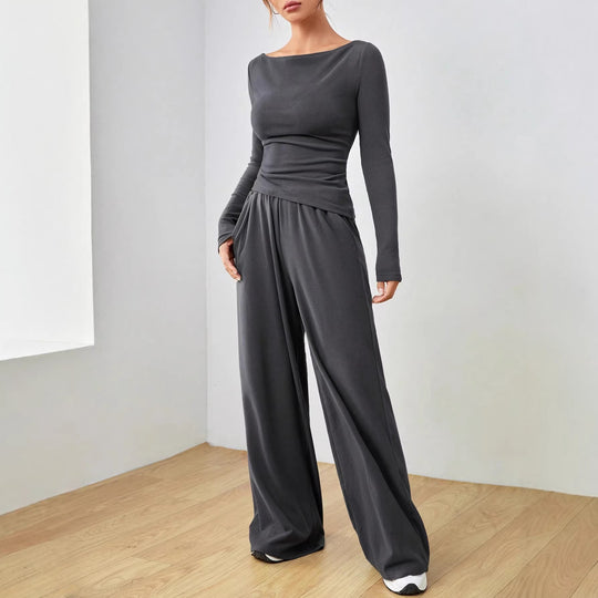 Damen Loungewear-Set aus weichfallendem Jersey mit U-Boot-Ausschnitt, tailliertem Longsleeve und weiter Palazzo-Hose Nord Taschen