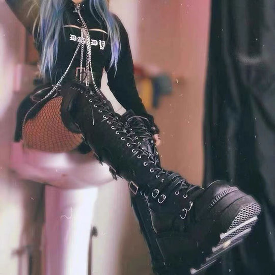 Damen Überknie Stiefel mit Schnallen-Detail und robustem Plateau - Arvani