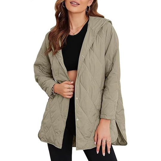 Damen gesteppte Kapuzenjacke mit Druckknopfleiste, seitlichen Schlitzen und mittlerer Länge Nord Taschen