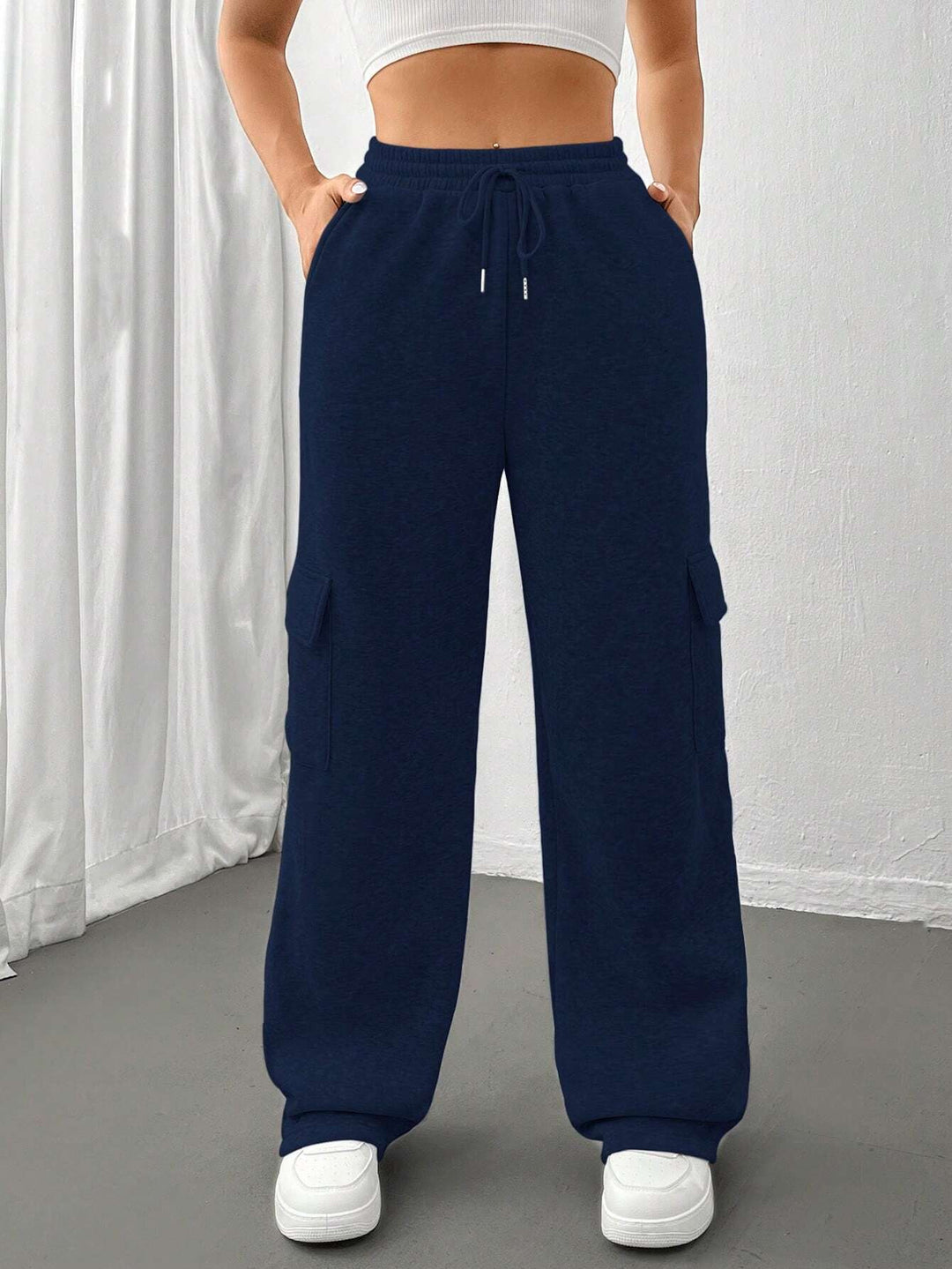 Damen Cargo-Jogginghose mit hohem Elastikbund, Kordelzug und weitem Bein Nord Taschen