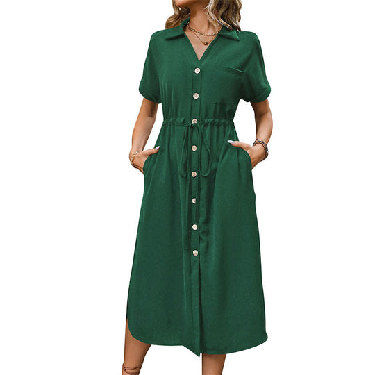 Damen Langarm Hemdblusenkleid mit Taillengürtel Nord Taschen