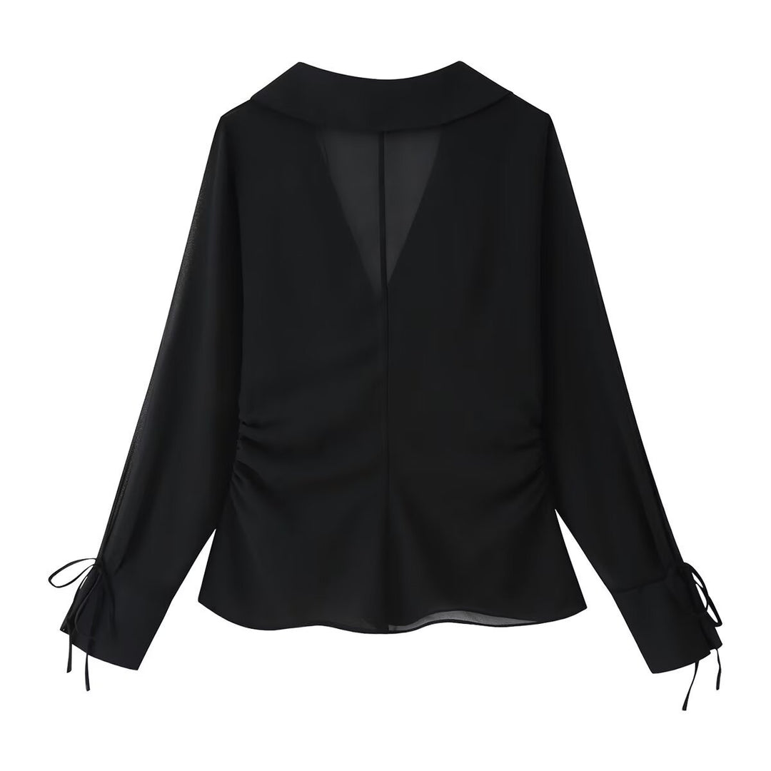 Damen Chiffon-Bluse mit Pailettenbesatz, tiefem V‑Ausschnitt und Bindeband Nord Taschen