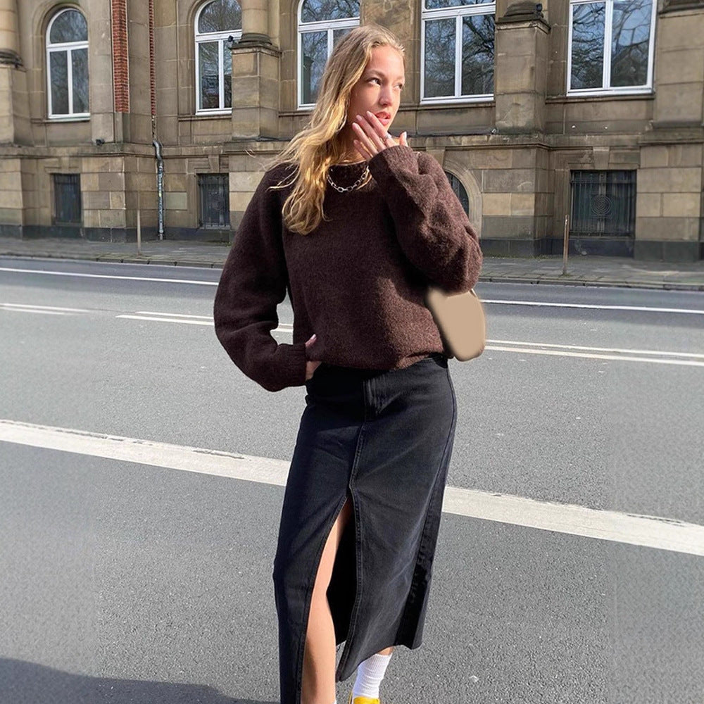 Damen Denim-Midirock mit hoher Taille, Frontschlitz und geradem Schnitt Nord Taschen