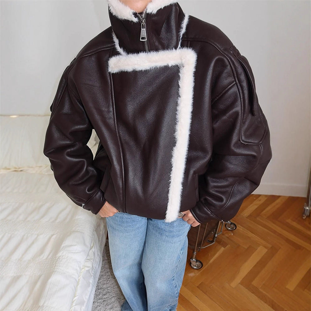 Damen Oversize Fliegerjacke aus Lederimitat mit asymmetrischer Kunstfell-Borte Nord Taschen